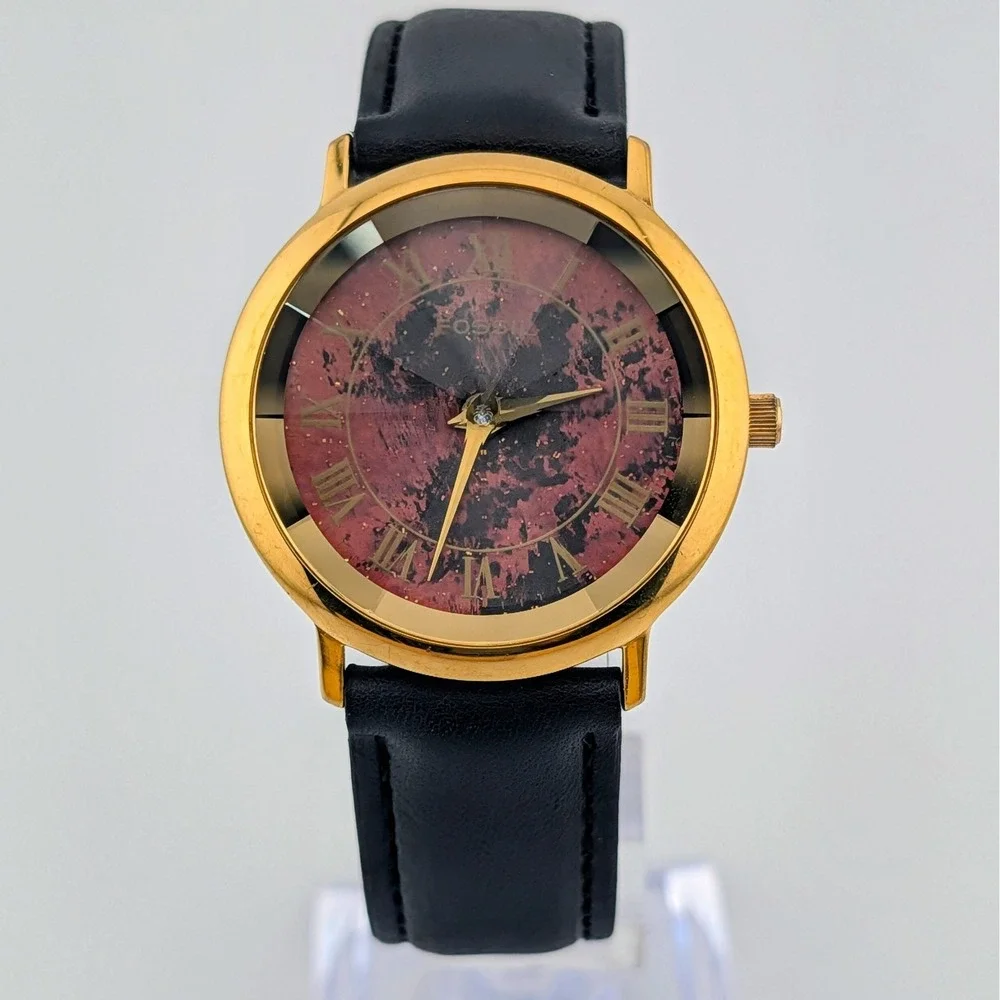 Vintage 1994 Fossil PC-7362 Unisex Watch Faceted Crystal Red Black Dial 34mm